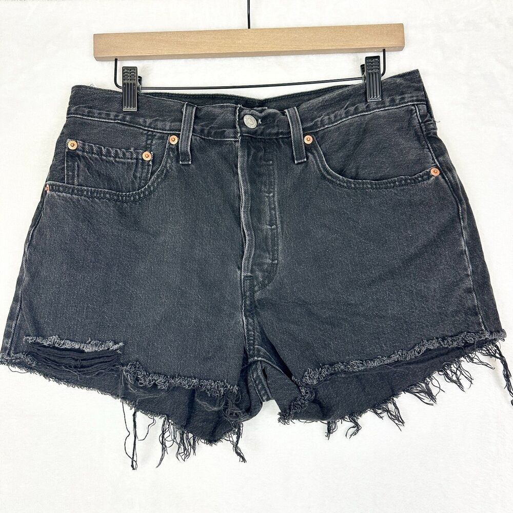 Levis Womens Original High Rise 501 Denim Shorts Size 30 Black Raw Frayed Hem